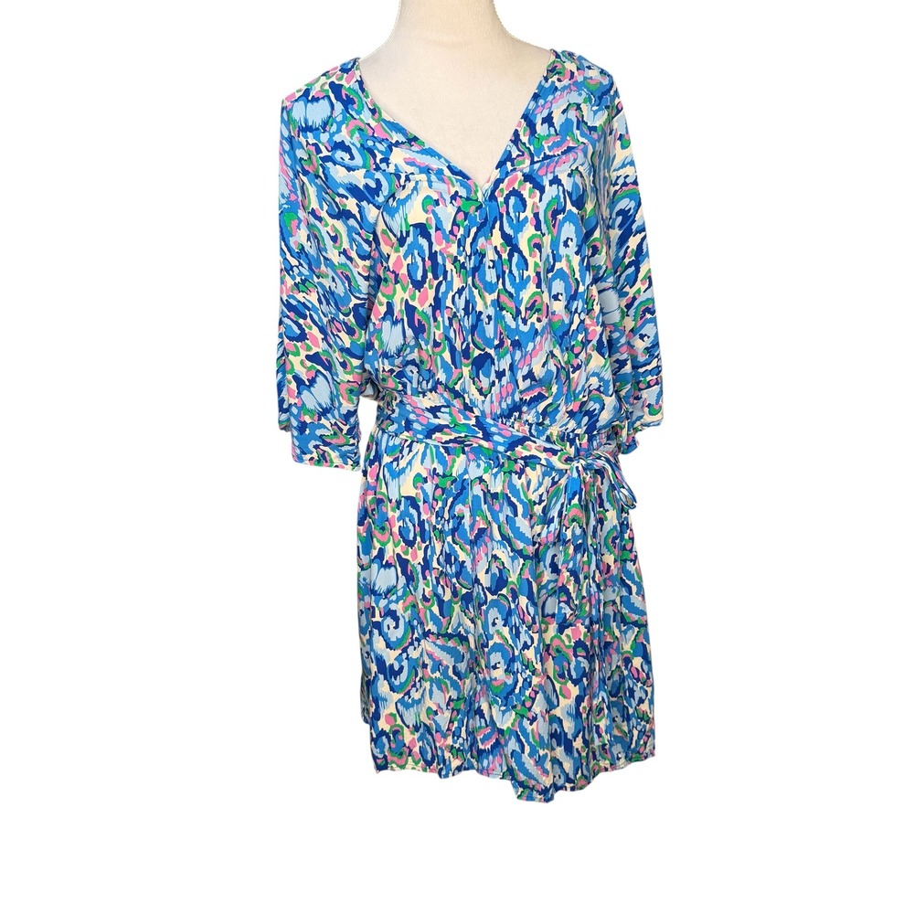 Cupshie Blue Abstract Print Rayon Tie Waist Romper XL T1D1949